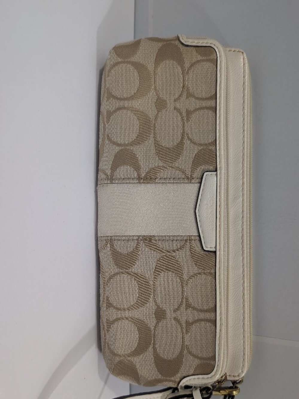 Coach Signature Canvas Double Zip Wristlet Wallet Beige White Stripe